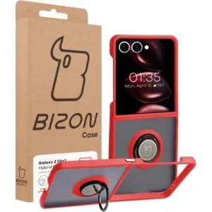 Etui z uchwytem na palec Bizon Case Hybrid Ring do Samsung Galaxy Z Flip7 przydymione z czerwoną ramką