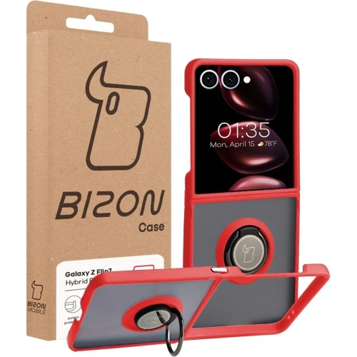 Etui z uchwytem na palec Bizon Case Hybrid Ring do Samsung Galaxy Z Flip7 przydymione z czerwoną ramką