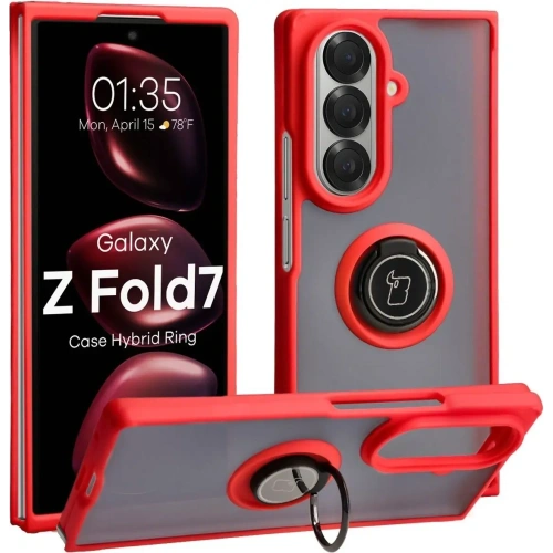 Etui z uchwytem na palec Bizon Case Hybrid Ring do Samsung Galaxy Z Fold7 przydymione z czerwoną ramką