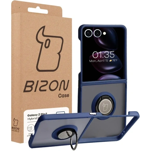 Etui z uchwytem na palec Bizon Case Hybrid Ring do Samsung Galaxy Z Flip7 przydymione z ciemnoniebieską ramką