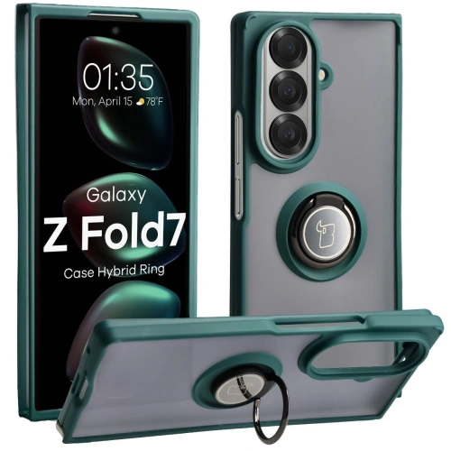 Etui z uchwytem na palec Bizon Case Hybrid Ring do Samsung Galaxy Z Fold7 przydymione z ciemnozieloną ramką