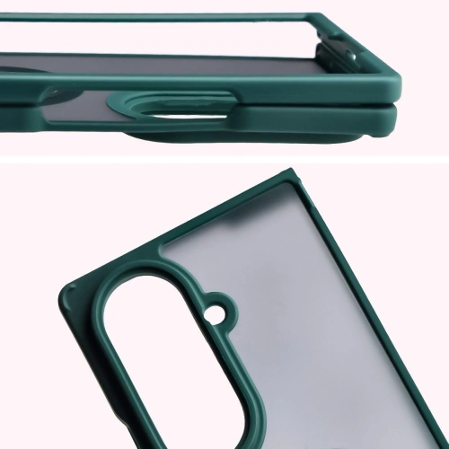 Etui z uchwytem na palec Bizon Case Hybrid Ring do Samsung Galaxy Z Fold7 przydymione z ciemnozieloną ramką