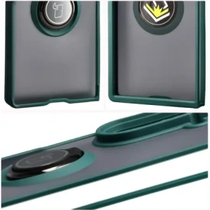 Etui z uchwytem na palec Bizon Case Hybrid Ring do Samsung Galaxy Z Fold7 przydymione z ciemnozieloną ramką