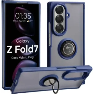 Etui z uchwytem na palec Bizon Case Hybrid Ring do Samsung Galaxy Z Fold7 przydymione z ciemnoniebieską ramką