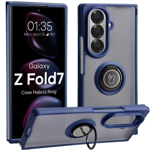 Etui z uchwytem na palec Bizon Case Hybrid Ring do Samsung Galaxy Z Fold7 przydymione z ciemnoniebieską ramką