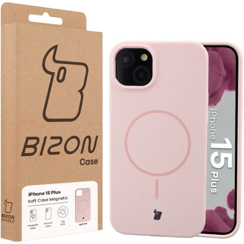 Silikonowe etui z pierścieniem magnetycznym Bizon Soft Case Magnetic do Apple iPhone 15 Plus jasnoróżowe