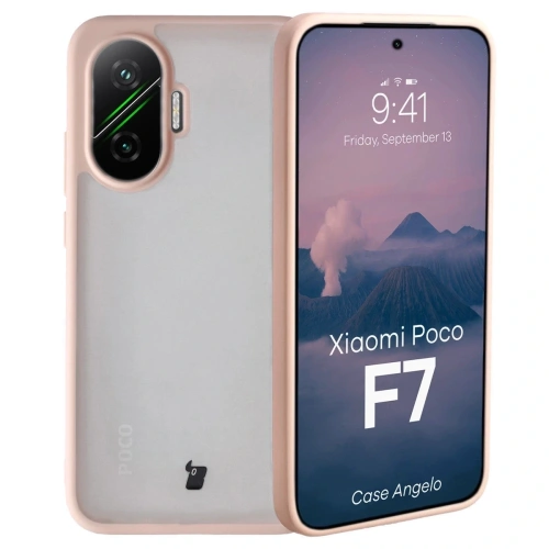 Etui Bizon Case Angelo do Xiaomi POCO F7 półprzezroczyste z różową ramką