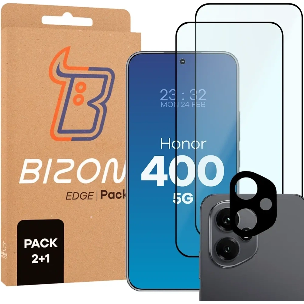 2x szkło na ekran + 1x szkło na aparat Bizon Edge 2 Pack do Honor 400