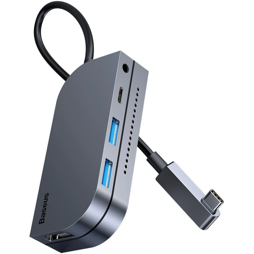 Hurtownia GSM - Adaptér 6w1 Baseus Bend Angle, Hub USB-C 2x USB 3.0 + HDMI 4K + microSD + USB-C PD + mini jack 3,5mm (šedý) - BSU1543GRY - {ean13} - Hurt