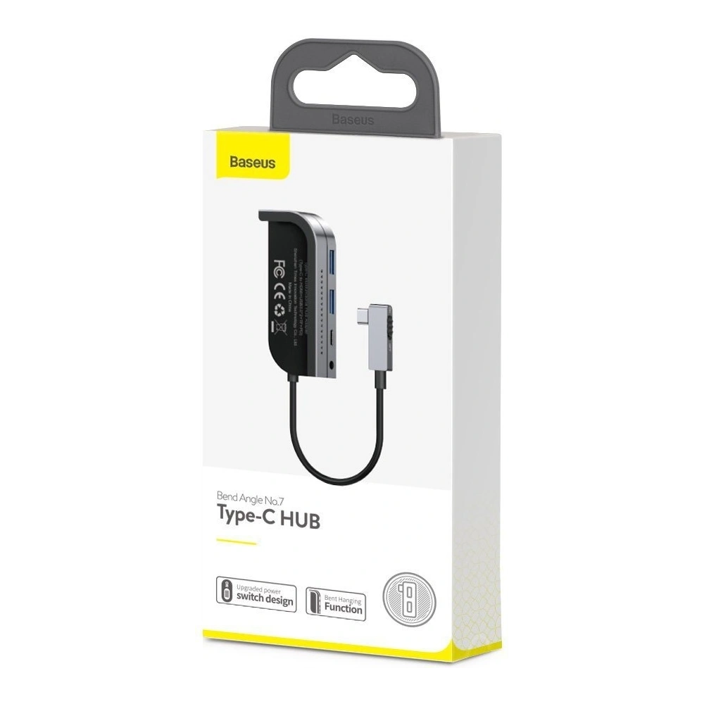 Hurtownia GSM - Adaptér 6w1 Baseus Bend Angle, Hub USB-C 2x USB 3.0 + HDMI 4K + microSD + USB-C PD + mini jack 3,5mm (šedý) - BSU1543GRY - {ean13} - Hurt