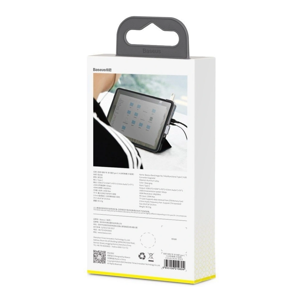 Hurtownia GSM - Adaptér 6w1 Baseus Bend Angle, Hub USB-C 2x USB 3.0 + HDMI 4K + microSD + USB-C PD + mini jack 3,5mm (šedý) - BSU1543GRY - {ean13} - Hurt
