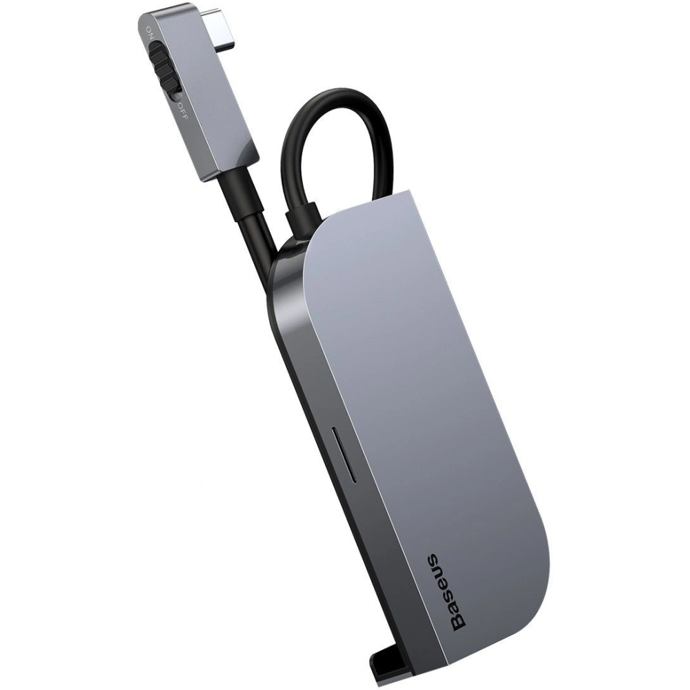 Hurtownia GSM - Adaptér 6w1 Baseus Bend Angle, Hub USB-C 2x USB 3.0 + HDMI 4K + microSD + USB-C PD + mini jack 3,5mm (šedý) - BSU1543GRY - {ean13} - Hurt