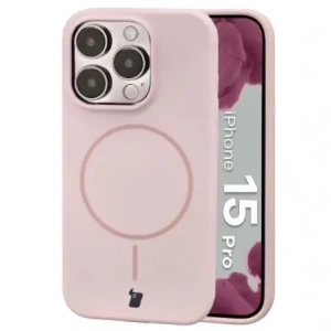 Silikonowe etui z pierścieniem magnetycznym Bizon Soft Case Magnetic do Apple iPhone 15 Pro jasnoróżowe