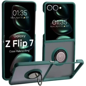 Etui z uchwytem na palec Bizon Case Hybrid Ring do Samsung Galaxy Z Flip7 przydymione z ciemnozieloną ramką