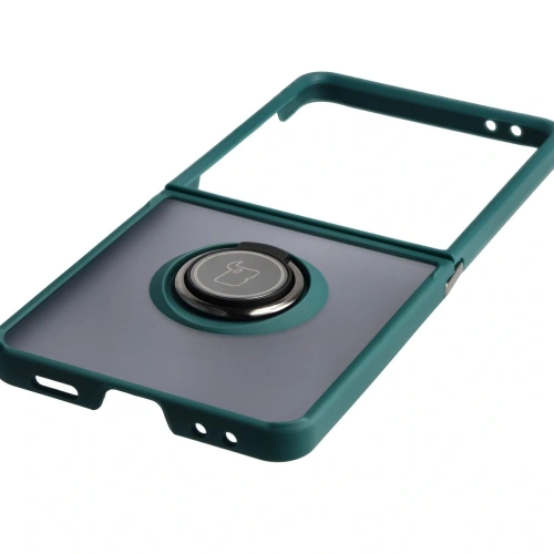 Etui z uchwytem na palec Bizon Case Hybrid Ring do Samsung Galaxy Z Flip7 przydymione z ciemnozieloną ramką