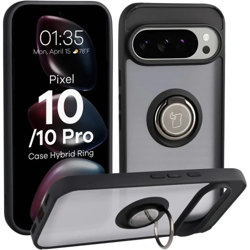 Etui z uchwytem na palec Bizon Case Hybrid Ring do Google Pixel 10 / 10 Pro przydymione z czarną ramką