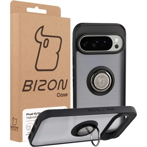 Etui z uchwytem na palec Bizon Case Hybrid Ring do Google Pixel 10 / 10 Pro przydymione z czarną ramką