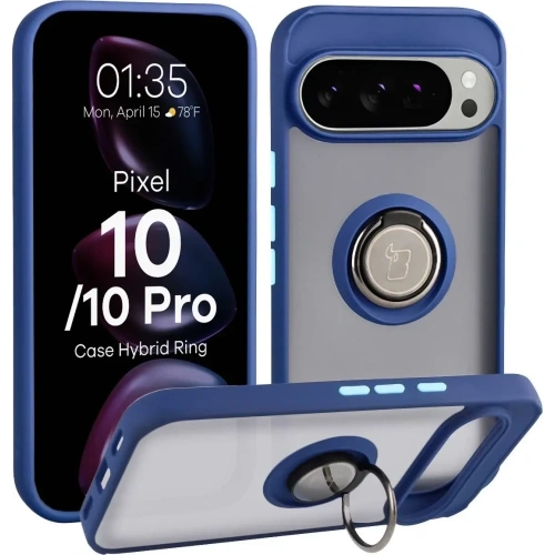 Etui z uchwytem na palec Bizon Case Hybrid Ring do Google Pixel 10 / 10 Pro przydymione z granatową ramką