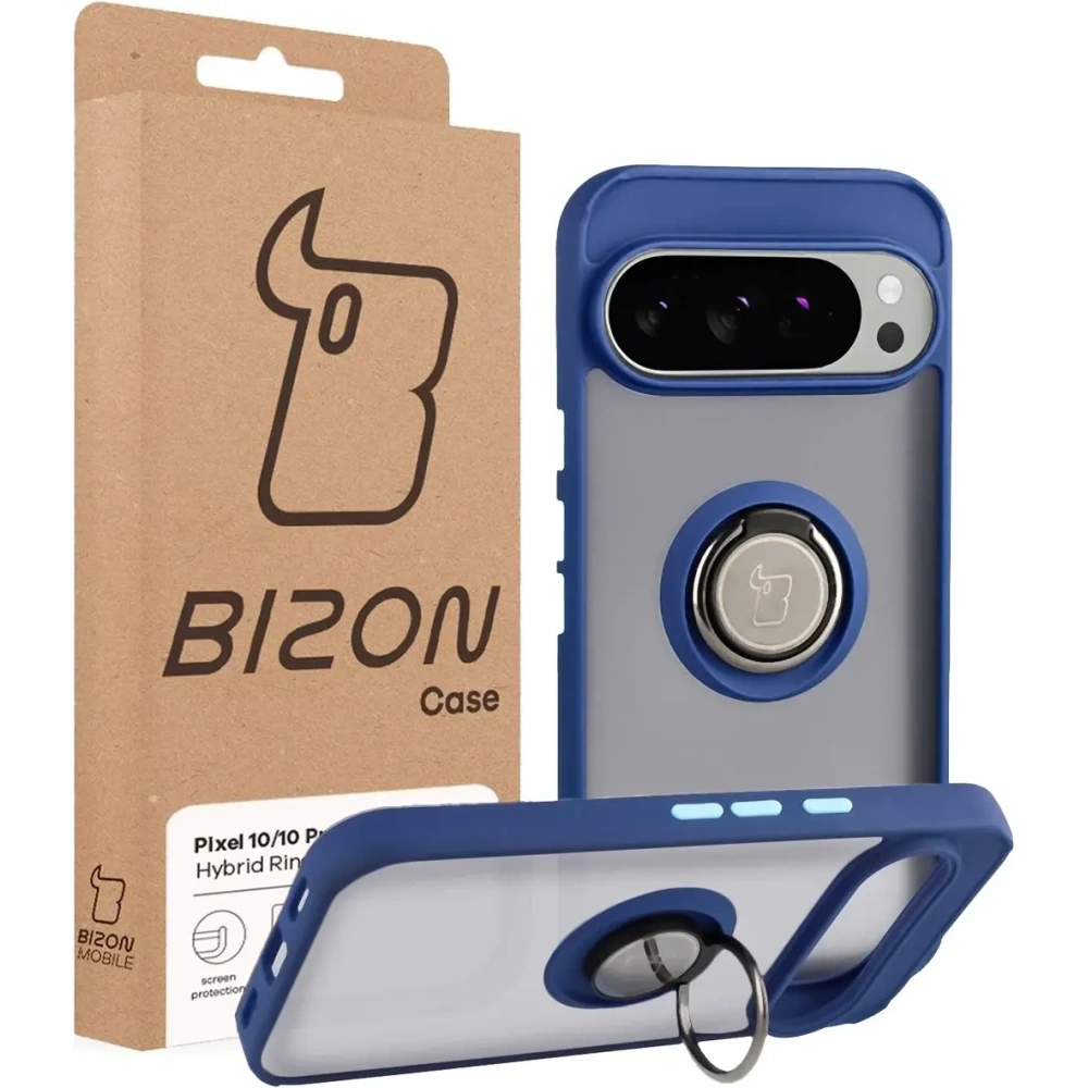 Etui z uchwytem na palec Bizon Case Hybrid Ring do Google Pixel 10 / 10 Pro przydymione z granatową ramką