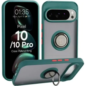 Etui z uchwytem na palec Bizon Case Hybrid Ring do Google Pixel 10 / 10 Pro przydymione z ciemnozieloną ramką