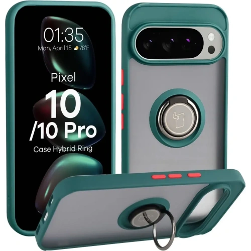 Etui z uchwytem na palec Bizon Case Hybrid Ring do Google Pixel 10 / 10 Pro przydymione z ciemnozieloną ramką