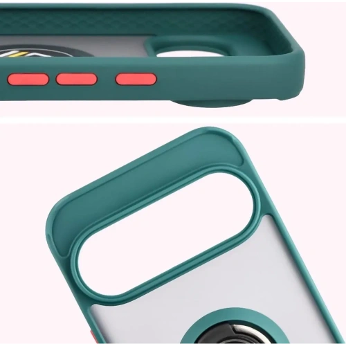 Etui z uchwytem na palec Bizon Case Hybrid Ring do Google Pixel 10 / 10 Pro przydymione z ciemnozieloną ramką