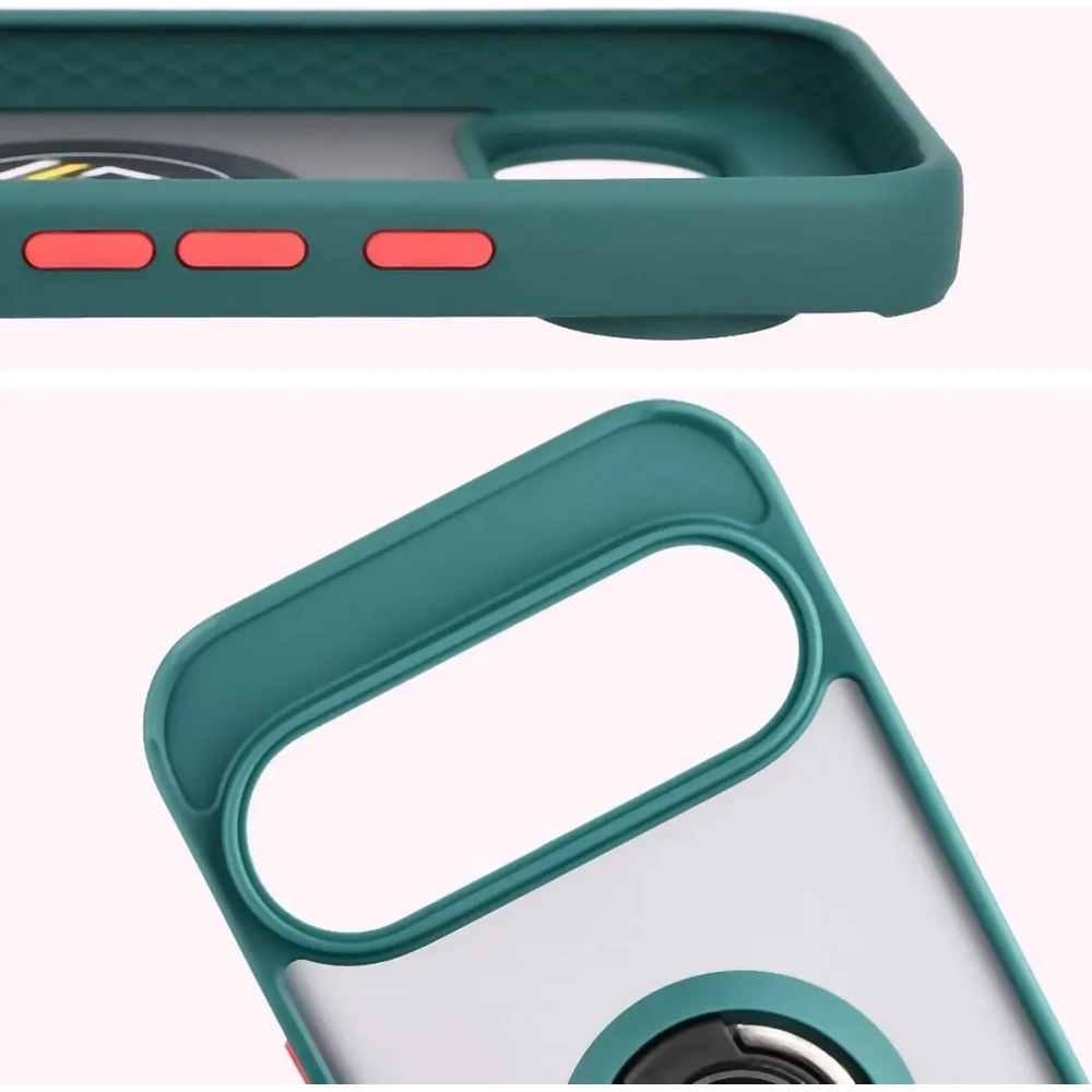 Etui z uchwytem na palec Bizon Case Hybrid Ring do Google Pixel 10 / 10 Pro przydymione z ciemnozieloną ramką