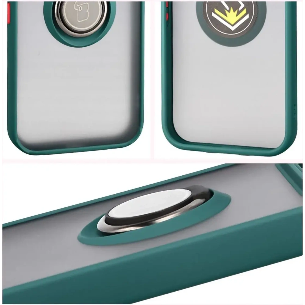 Etui z uchwytem na palec Bizon Case Hybrid Ring do Google Pixel 10 / 10 Pro przydymione z ciemnozieloną ramką