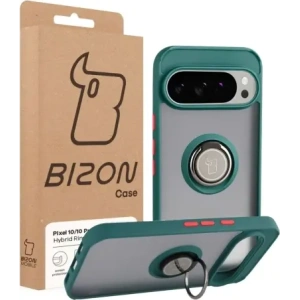 Etui z uchwytem na palec Bizon Case Hybrid Ring do Google Pixel 10 / 10 Pro przydymione z ciemnozieloną ramką
