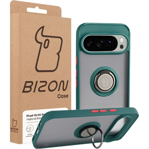 Etui z uchwytem na palec Bizon Case Hybrid Ring do Google Pixel 10 / 10 Pro przydymione z ciemnozieloną ramką