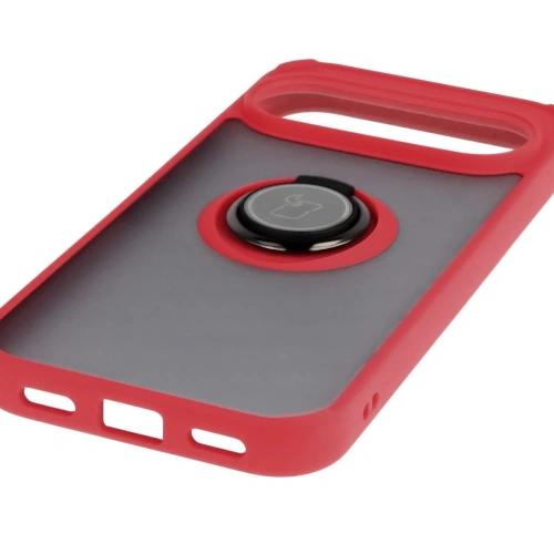 Etui z uchwytem na palec Bizon Case Hybrid Ring do Google Pixel 10 / 10 Pro przydymione z czerwoną ramką