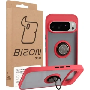 Etui z uchwytem na palec Bizon Case Hybrid Ring do Google Pixel 10 / 10 Pro przydymione z czerwoną ramką