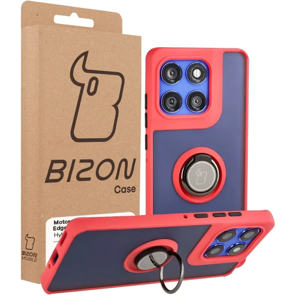 Etui z uchwytem na palec Bizon Case Hybrid Ring do Motorola Edge 60 Pro przydymione z czerwoną ramką