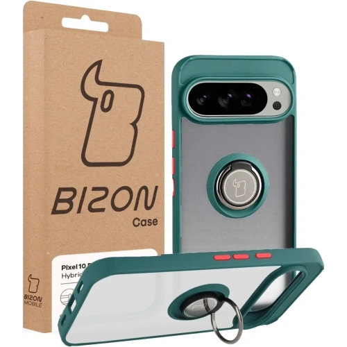 Etui z uchwytem na palec Bizon Case Hybrid Ring do Google Pixel 10 Pro XL przydymione z ciemnozieloną ramką