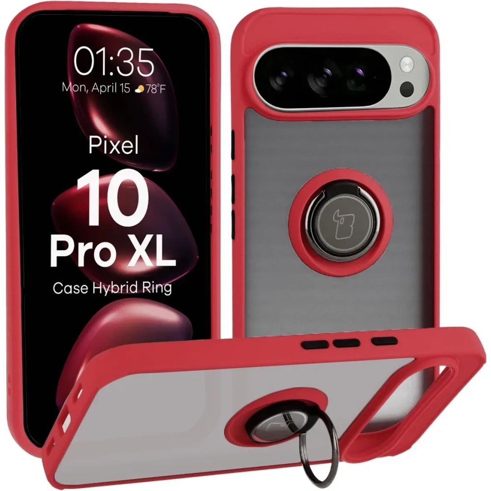 Etui z uchwytem na palec Bizon Case Hybrid Ring do Google Pixel 10 Pro XL przydymione z czerwoną ramką