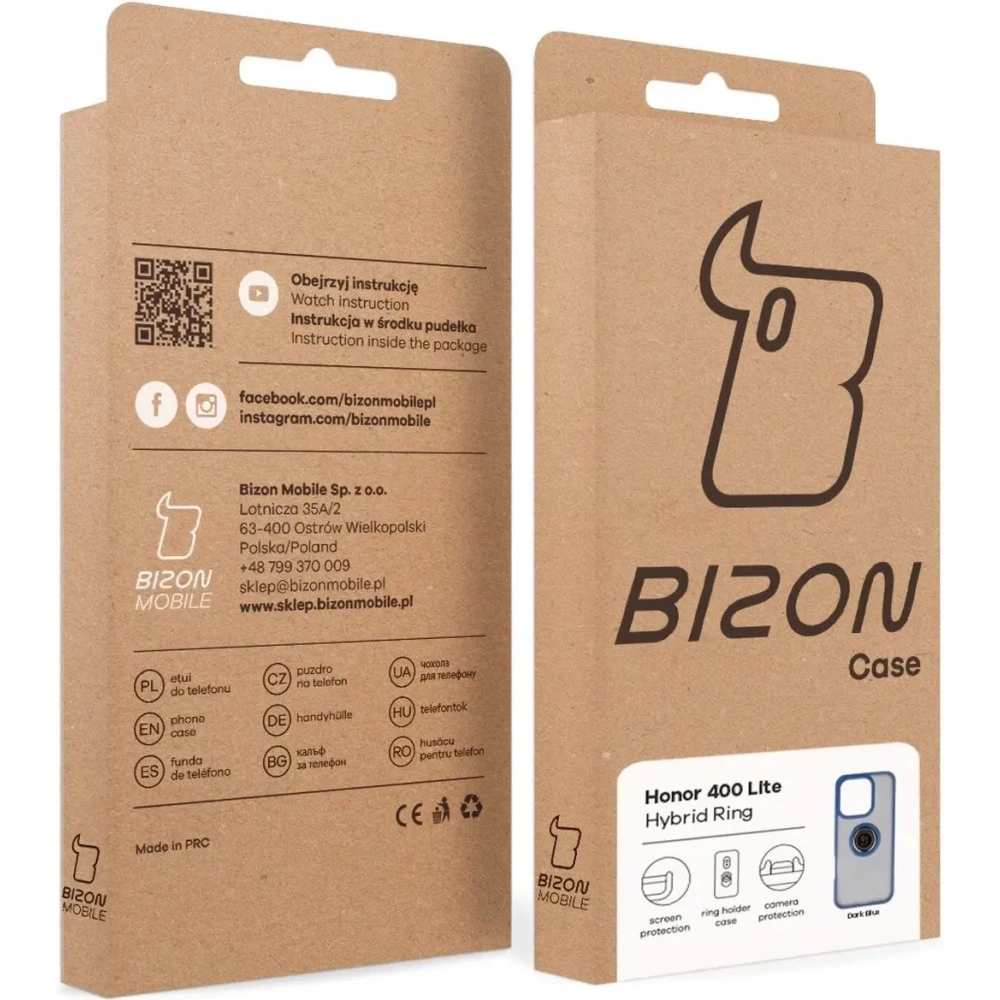 Etui z uchwytem na palec Bizon Case Hybrid Ring do Honor 400 Lite przydymione z granatową ramką