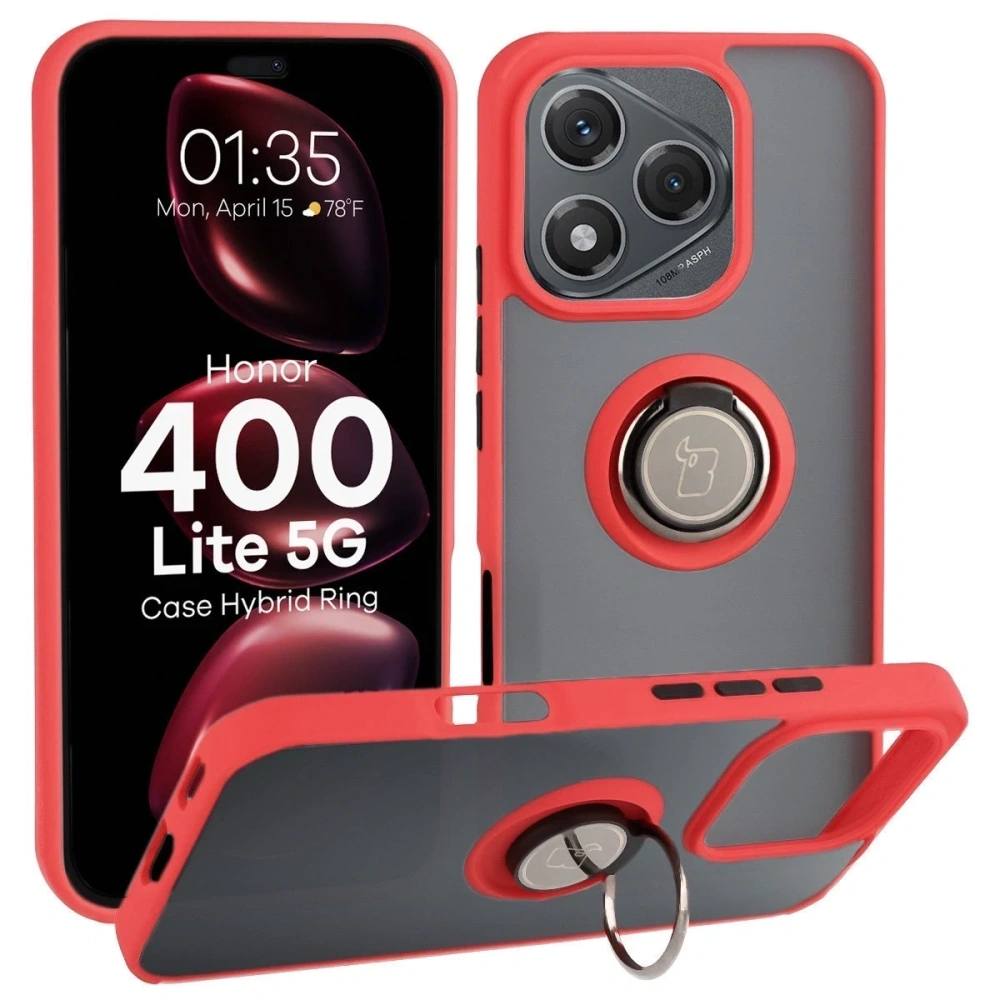 Etui z uchwytem na palec Bizon Case Hybrid Ring do Honor 400 Lite przydymione z czerwoną ramką
