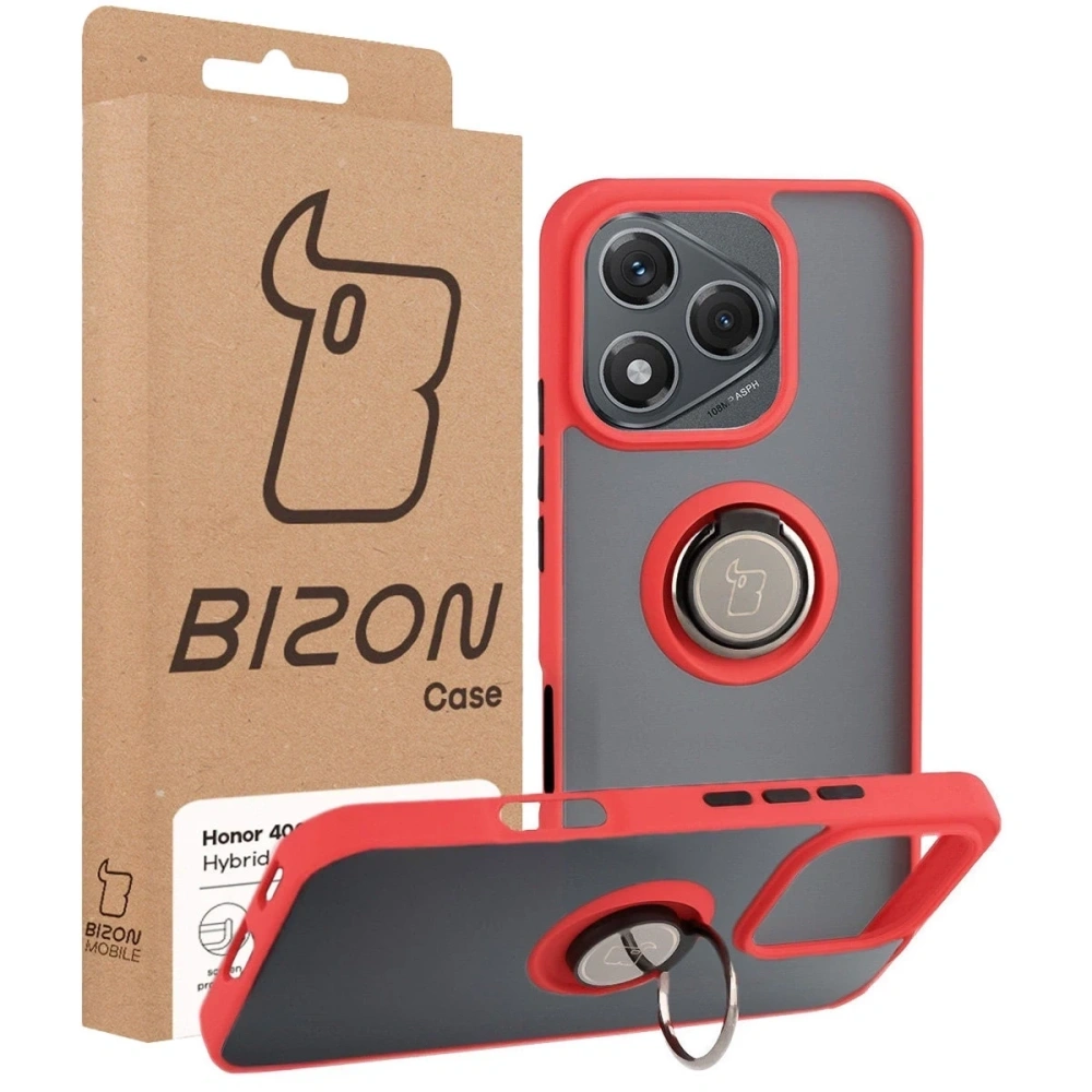 Etui z uchwytem na palec Bizon Case Hybrid Ring do Honor 400 Lite przydymione z czerwoną ramką