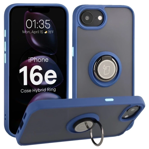 Etui z uchwytem na palec Bizon Case Hybrid Ring do Apple iPhone 16e przydymione z granatową ramką