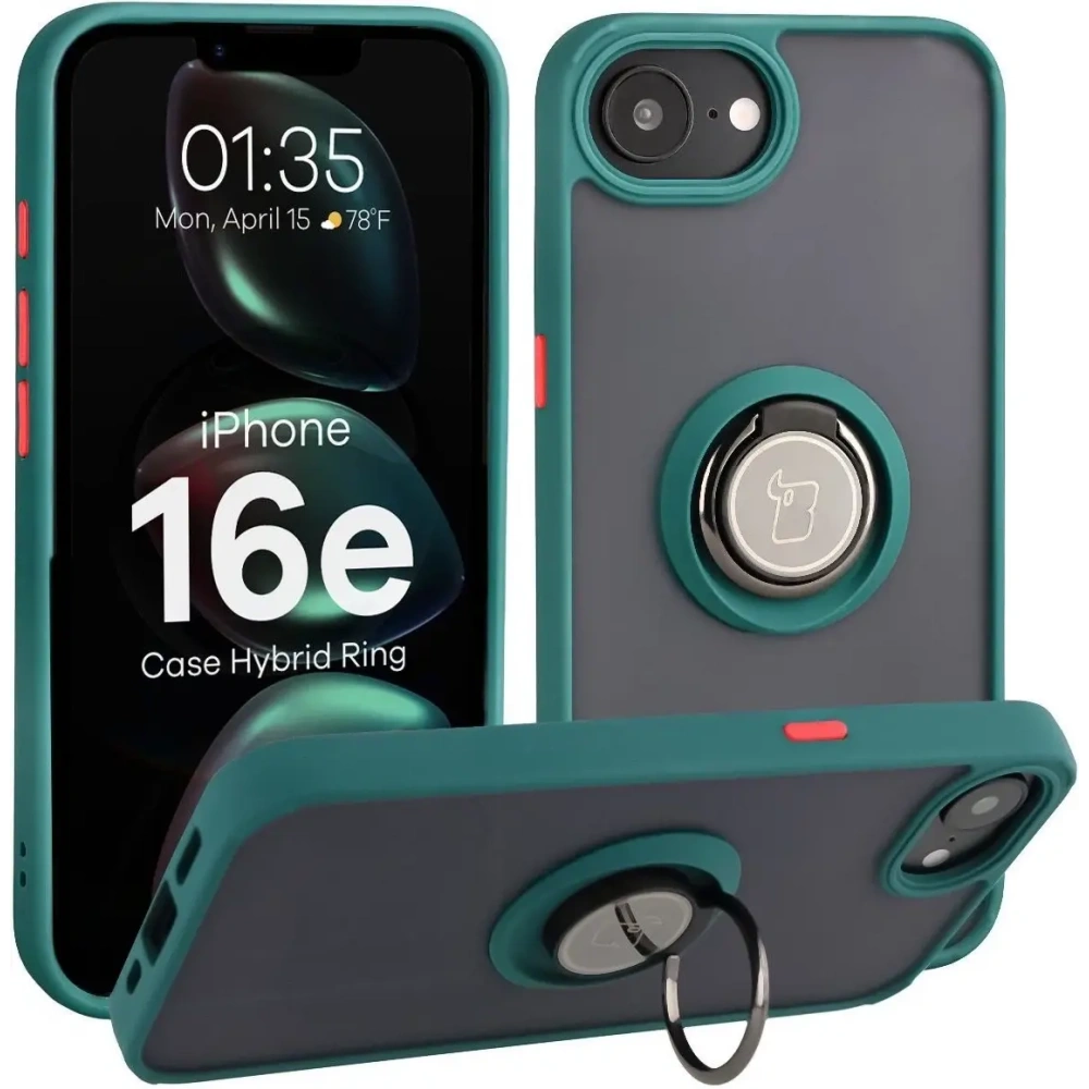 Etui z uchwytem na palec Bizon Case Hybrid Ring do Apple iPhone 16e przydymione z ciemnozieloną ramką
