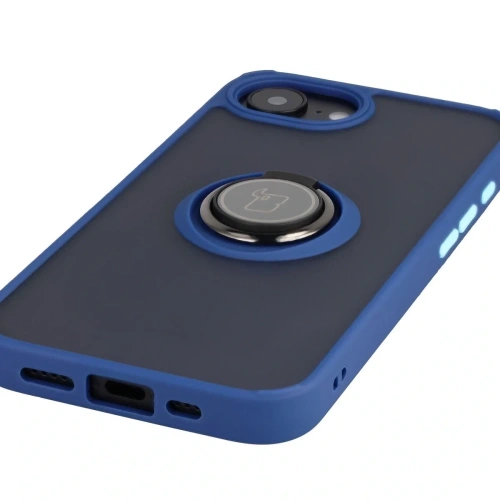 Etui z uchwytem na palec Bizon Case Hybrid Ring do Apple iPhone 16e przydymione z granatową ramką