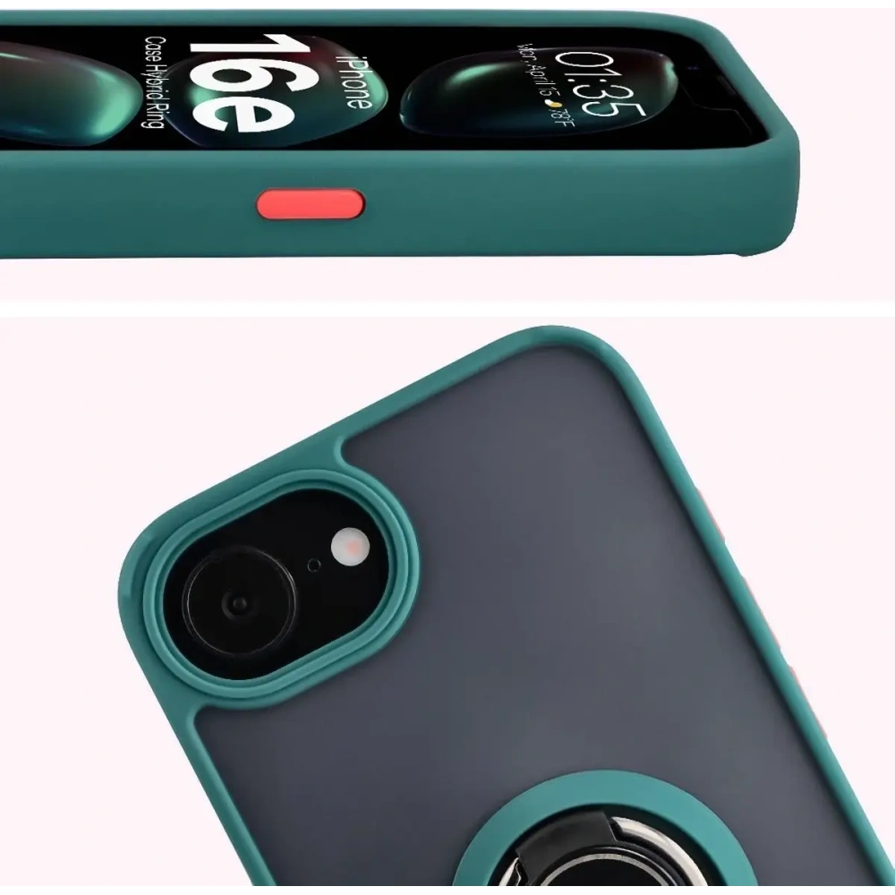Etui z uchwytem na palec Bizon Case Hybrid Ring do Apple iPhone 16e przydymione z ciemnozieloną ramką