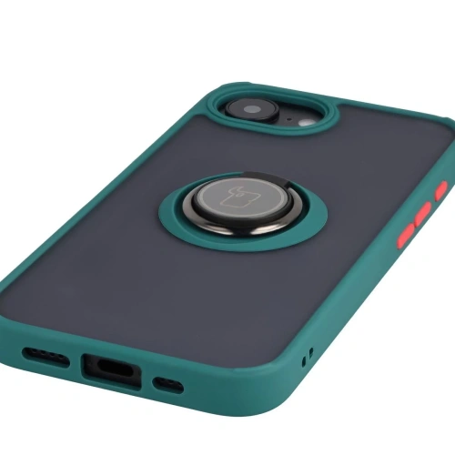 Etui z uchwytem na palec Bizon Case Hybrid Ring do Apple iPhone 16e przydymione z ciemnozieloną ramką