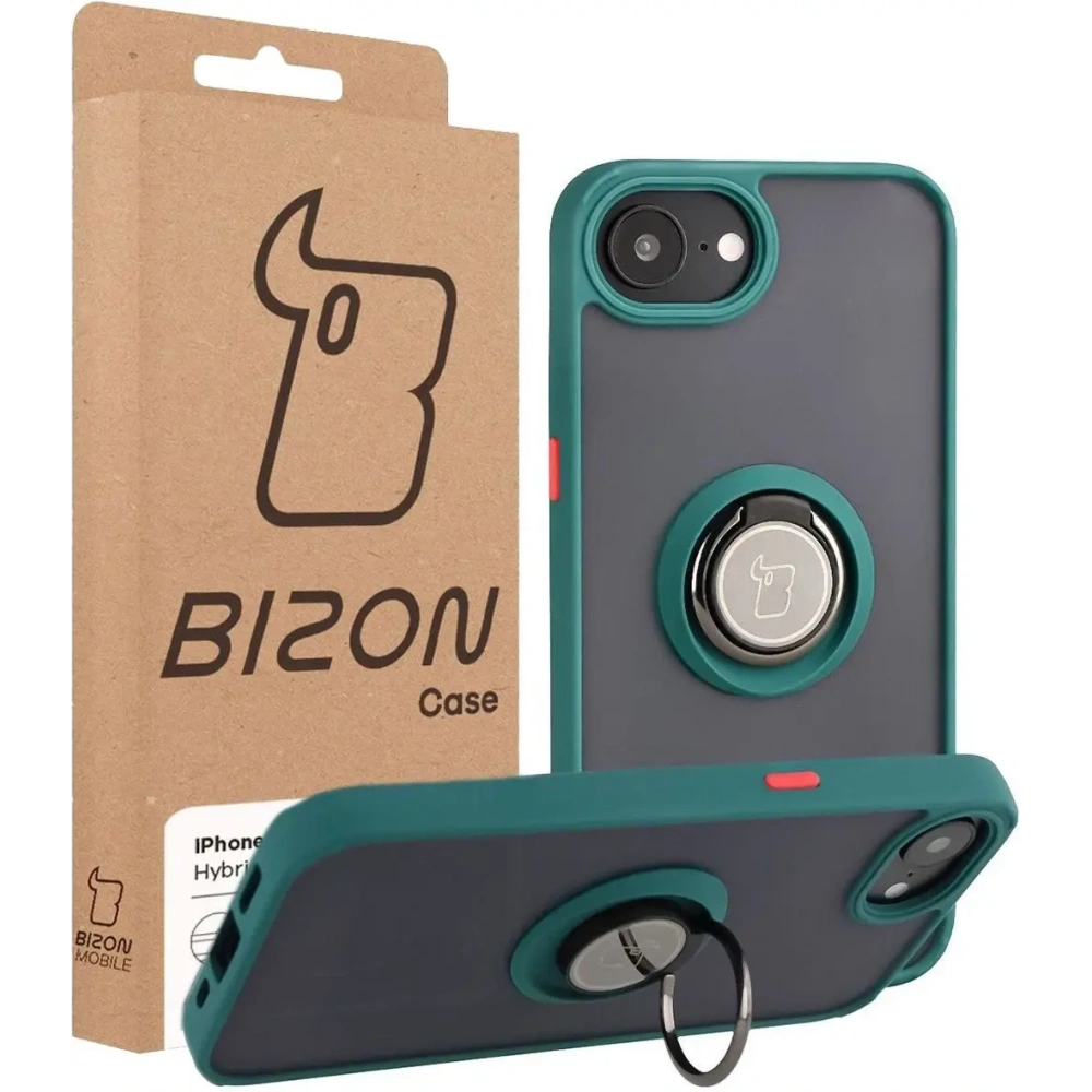 Etui z uchwytem na palec Bizon Case Hybrid Ring do Apple iPhone 16e przydymione z ciemnozieloną ramką