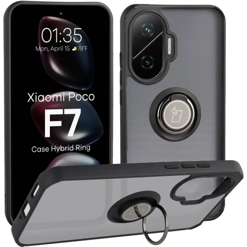 Etui z uchwytem na palec Bizon Case Hybrid Ring do Xiaomi POCO F7 przydymione z czarną ramką