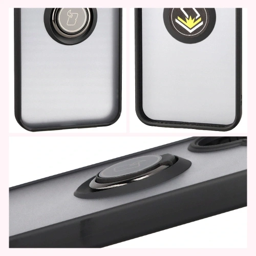 Etui z uchwytem na palec Bizon Case Hybrid Ring do Xiaomi POCO F7 przydymione z czarną ramką
