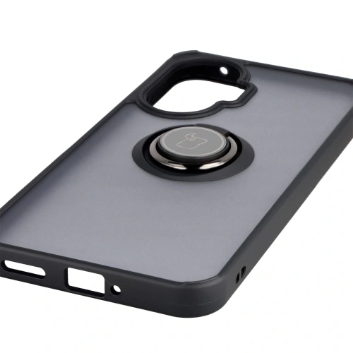 Etui z uchwytem na palec Bizon Case Hybrid Ring do Xiaomi POCO F7 przydymione z czarną ramką