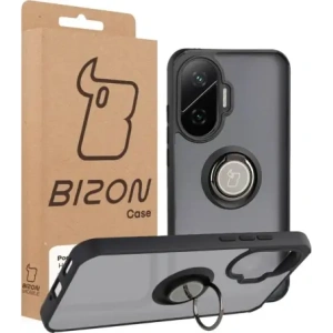 Etui z uchwytem na palec Bizon Case Hybrid Ring do Xiaomi POCO F7 przydymione z czarną ramką