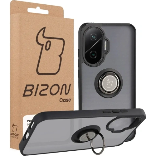 Etui z uchwytem na palec Bizon Case Hybrid Ring do Xiaomi POCO F7 przydymione z czarną ramką