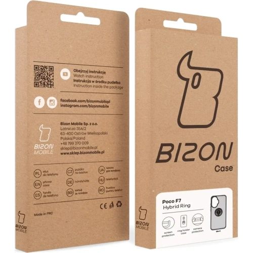 Etui z uchwytem na palec Bizon Case Hybrid Ring do Xiaomi POCO F7 przydymione z czarną ramką